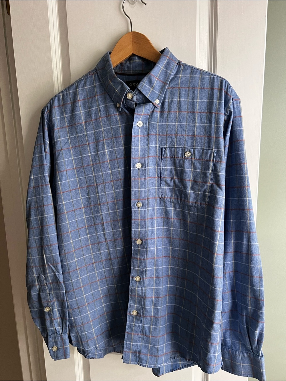 Orvis Country Twill Long-Sleeve Button-Down Plaid Shirt Blue Tattersall Men's L